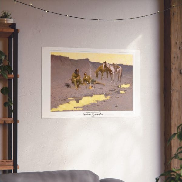 Frederic Remington Western Cowboy Poster – “A New Year on the Cimarron” Vintage Campfire Art Print on White - Image 3