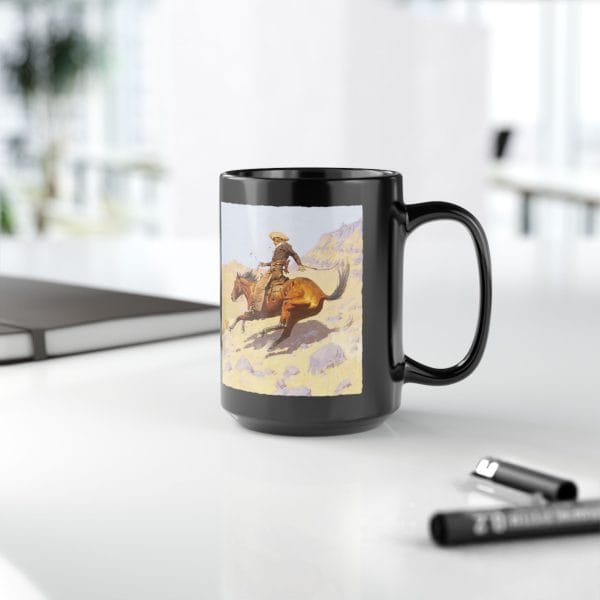 Frederic Remington's "The Cowboy" 1902, Black Mug 15oz - Image 9