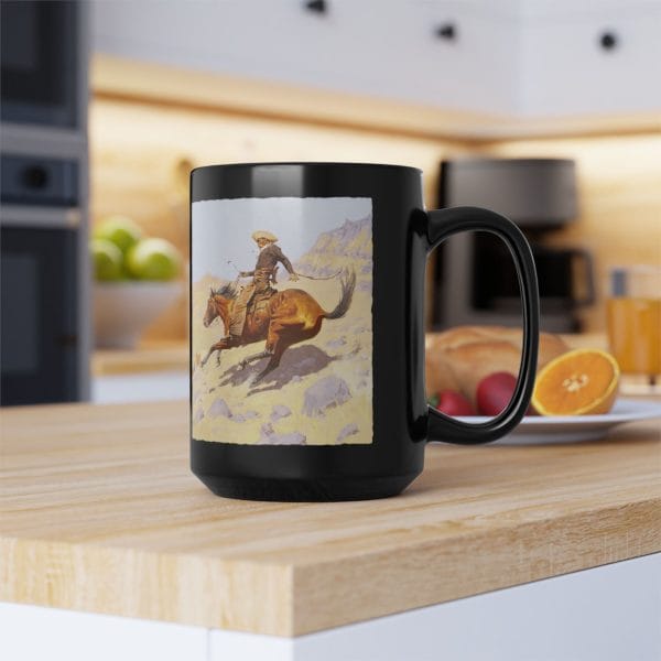 Frederic Remington's "The Cowboy" 1902, Black Mug 15oz - Image 7