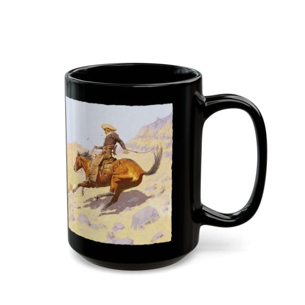 Frederic Remington's "The Cowboy" 1902, Black Mug 15oz - Image 4