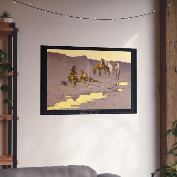 Frederic Remington Western Cowboy Poster – “A New Year on the Cimarron” Vintage Campfire Art Print on Black - Image 3