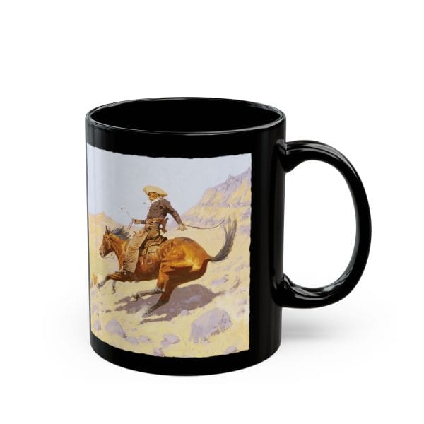 Frederic Remington's "The Cowboy" 1902 - Black Mug 11oz - Image 4