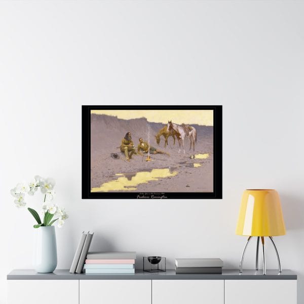 Frederic Remington Western Cowboy Poster – “A New Year on the Cimarron” Vintage Campfire Art Print on Black - Image 4
