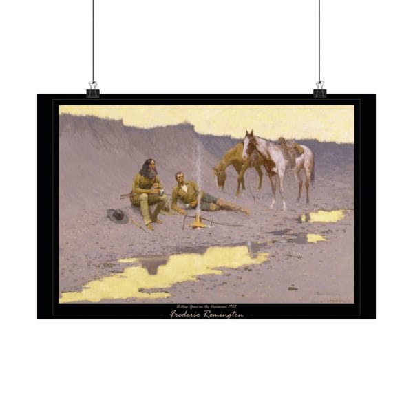 Frederic Remington Western Cowboy Poster – “A New Year on the Cimarron” Vintage Campfire Art Print on Black - Image 7