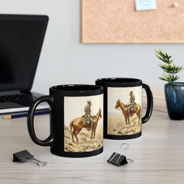 Frederic Remington “The Lookout” 1887 – 11oz Black Ceramic Mug - Image 6