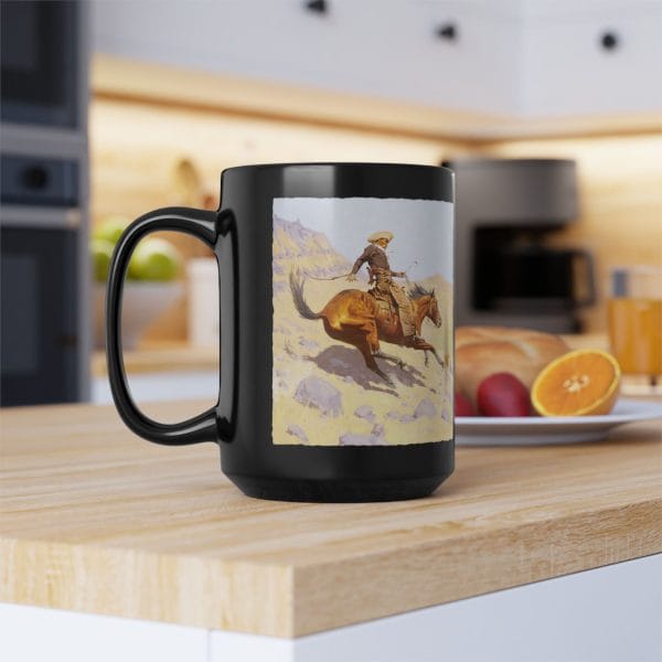 Frederic Remington's "The Cowboy" 1902, Black Mug 15oz - Image 8