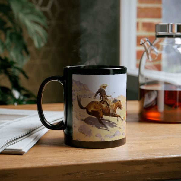 Frederic Remington's "The Cowboy" 1902 - Black Mug 11oz - Image 7